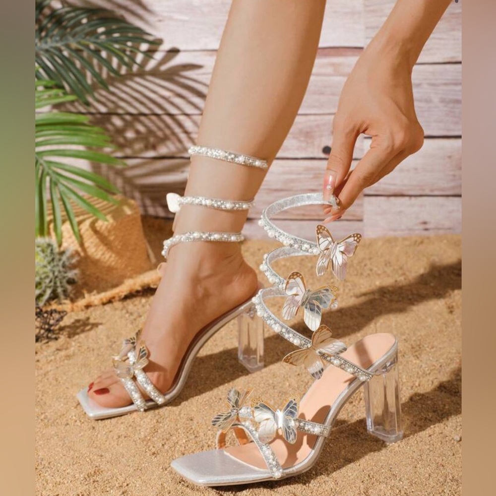 Women's High Heel Sandals With Rhinestone, Faux Pearl And Butterfly Decoration
